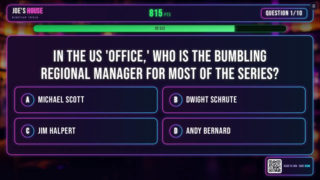 A 24/7 Trivia question on the bar TV, with the points counting down