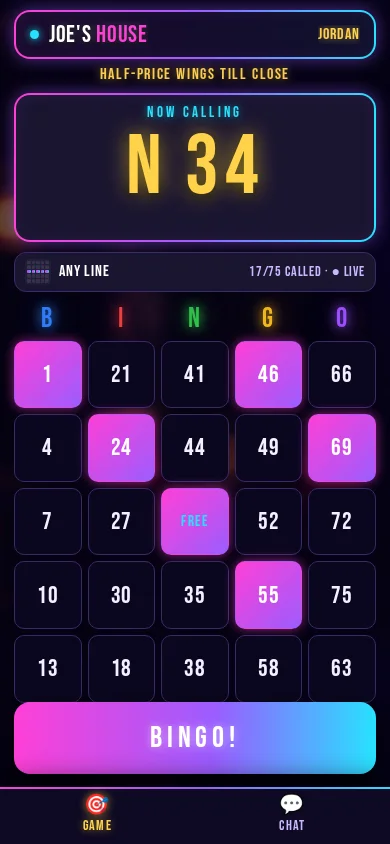 A bingo card on a phone with the last call at the top