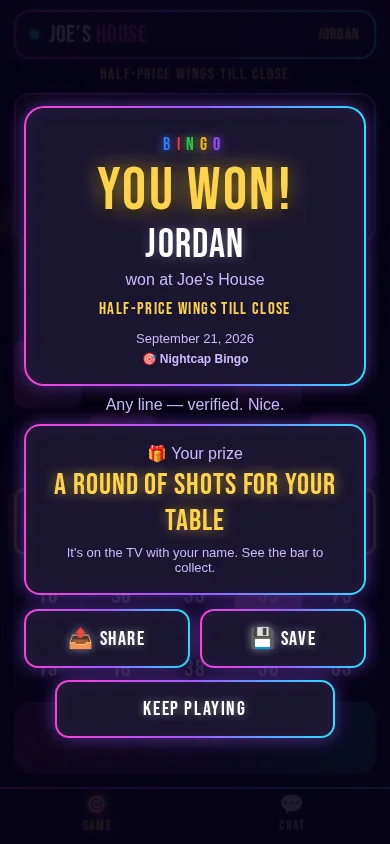 A bingo win card on a phone with the prize
