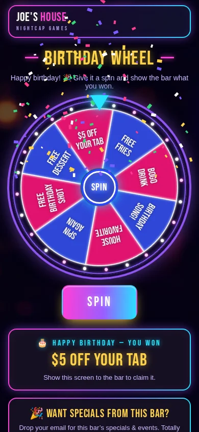 The Birthday Wheel on a phone after a spin, with the prize