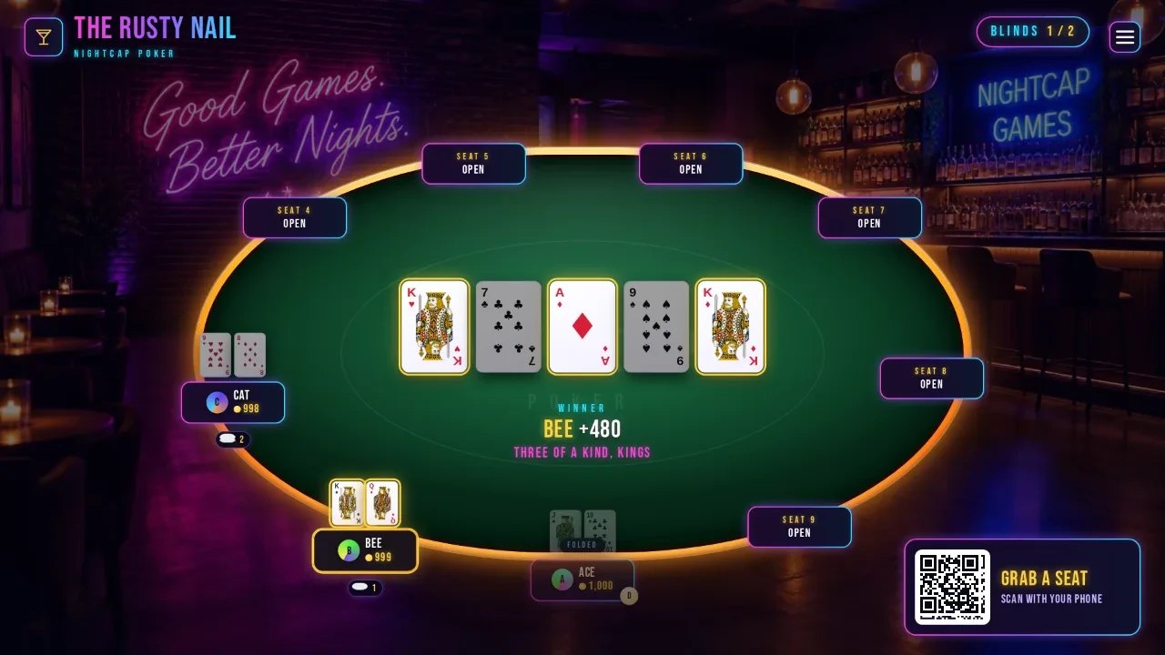 Poker keeps a core group at the bar for hours. A full table runs on the TV while players take a seat from their phones.