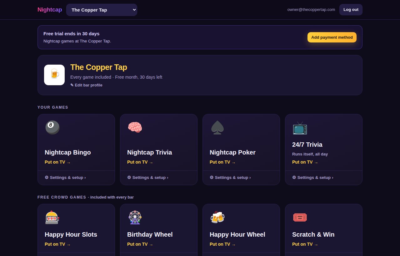 Nightcap owner dashboard showing games, specials, and schedule