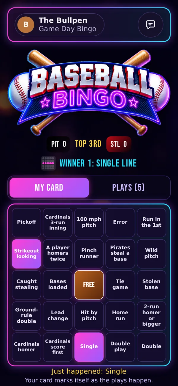 A Baseball Bingo card on a phone, with squares like Strikeout looking and Single marked