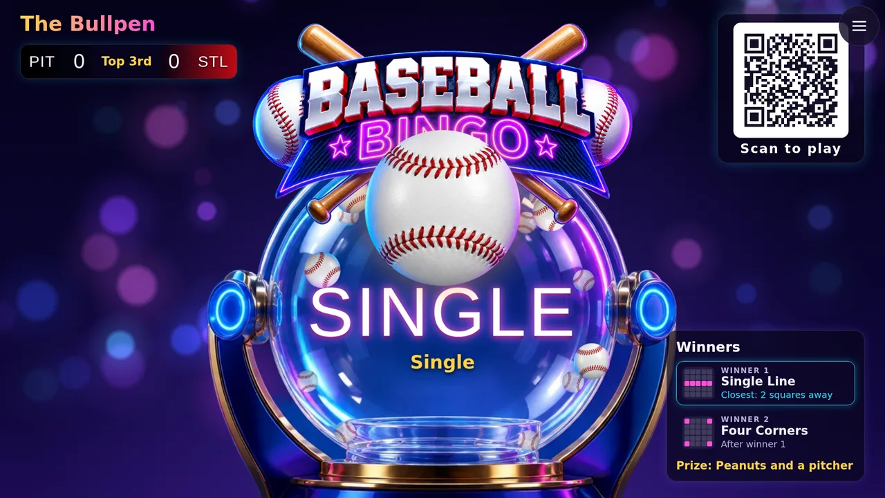 Baseball Bingo on a bar TV: baseballs in the glass, the live score in the top of the 3rd, and SINGLE popping out as a single marks