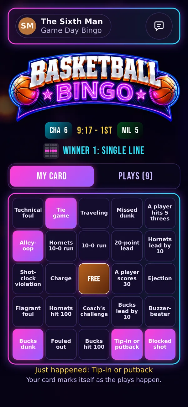 A Basketball Bingo card on a phone, with squares like Blocked shot, Alley-oop and Tie game marked