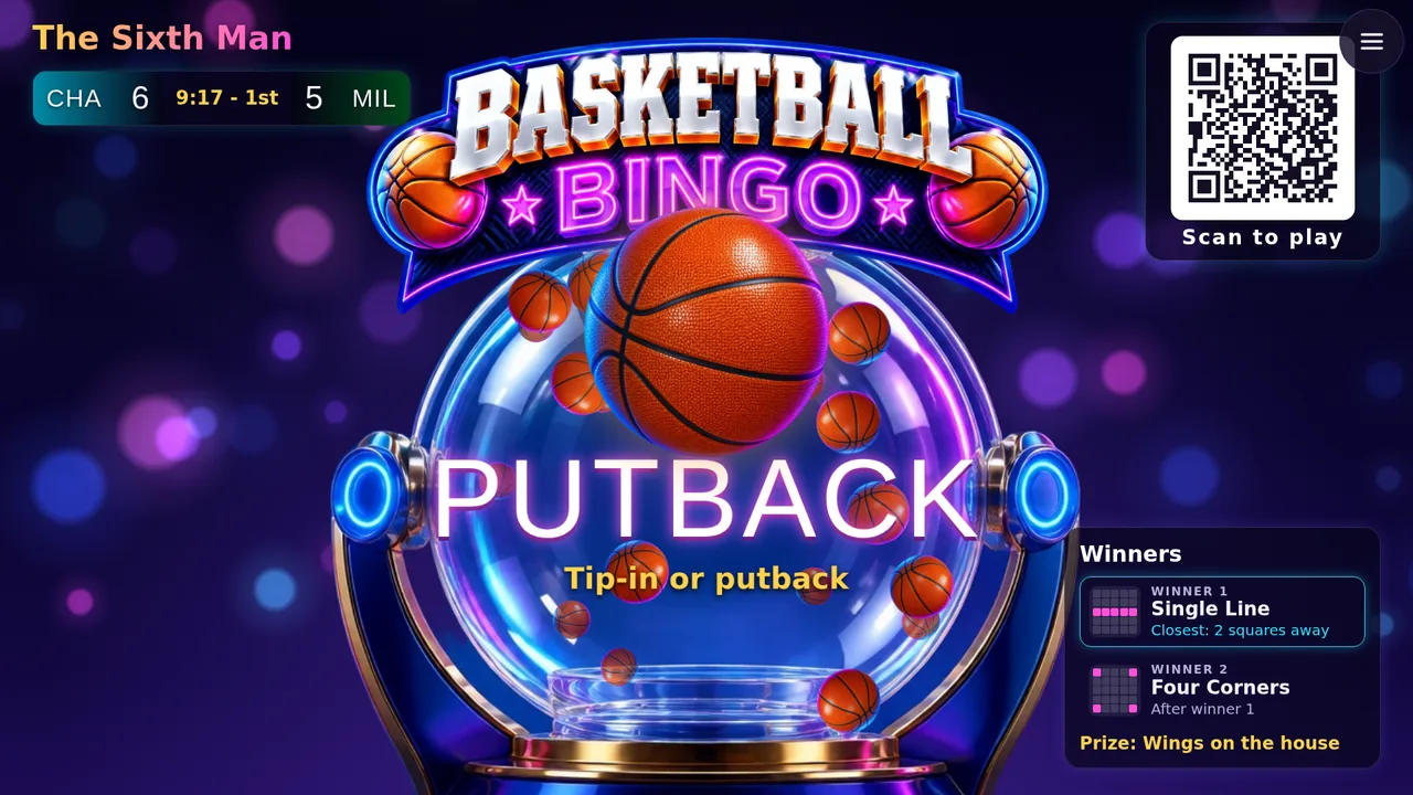 Basketball Bingo on a bar TV: basketballs in the glass, the live score, and PUTBACK popping out as a putback marks