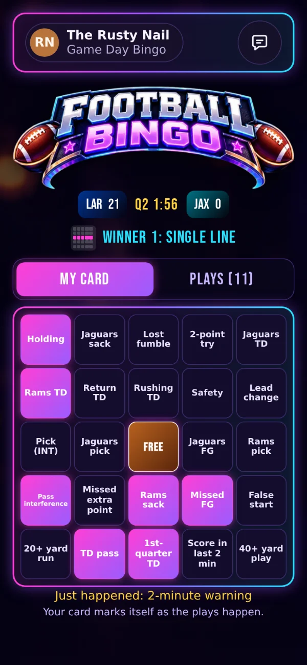 A Game Day Bingo card on a phone, with squares like Rams TD and Holding marked
