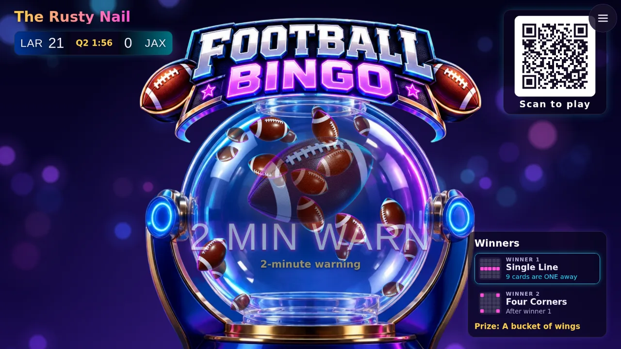 Game Day Bingo on a bar TV: the Football Bingo blower, the live score, a QR code to scan and the winners board