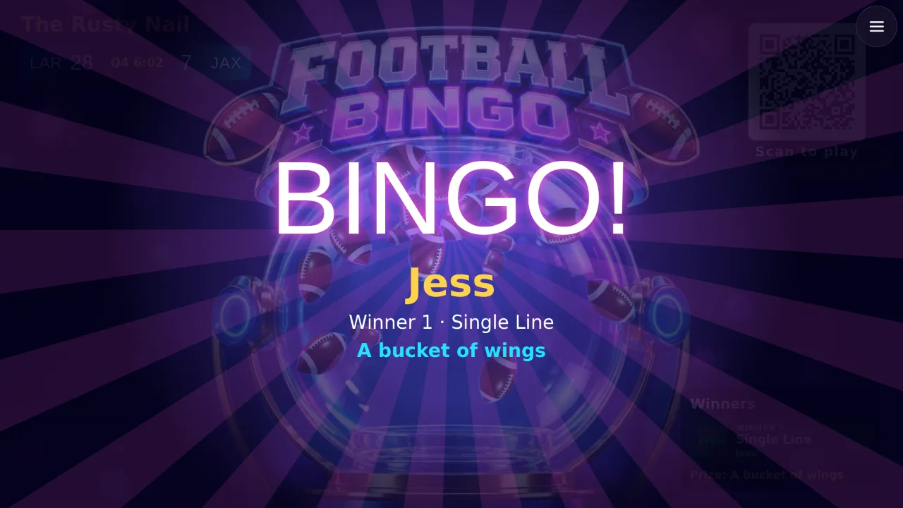 A BINGO! celebration on the bar TV naming the winner, Jess, the pattern she won and the prize, a bucket of wings