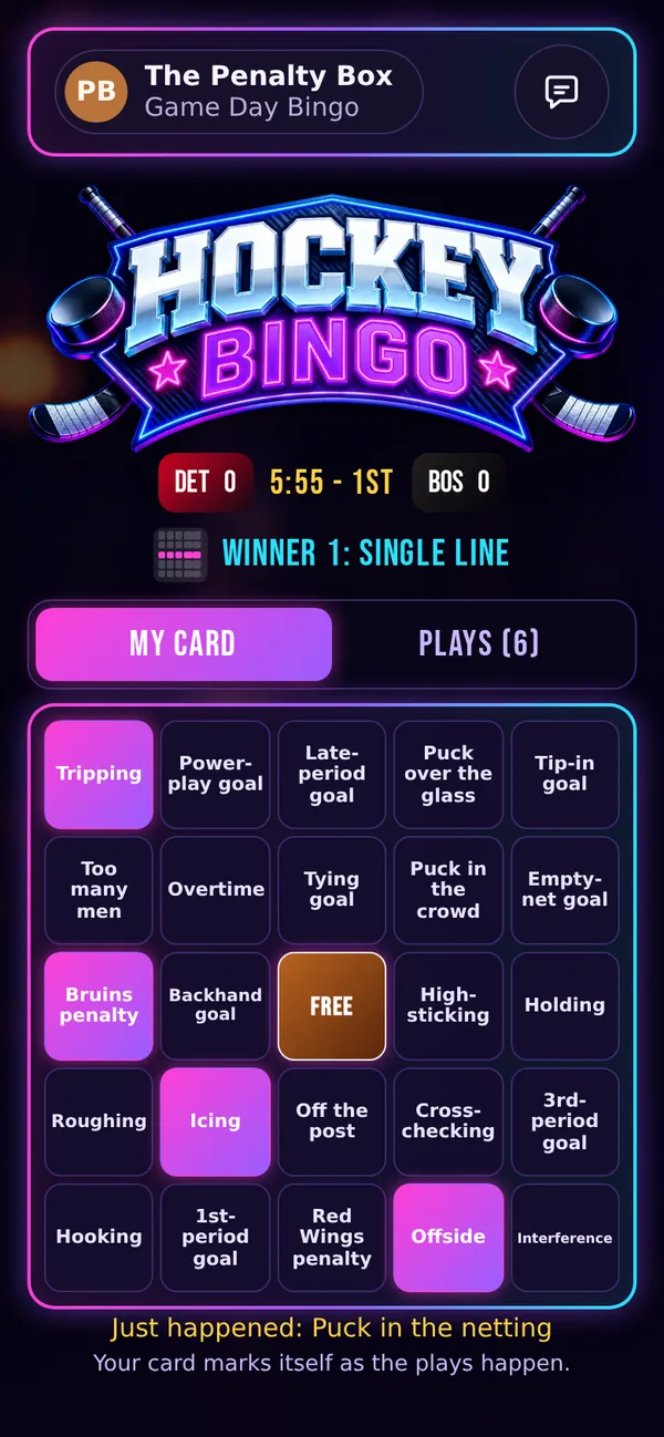 A Hockey Bingo card on a phone, with squares like Offside, Tripping and Bruins penalty marked
