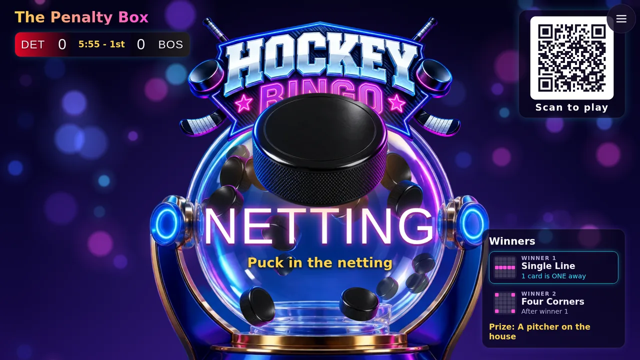 Hockey Bingo on a bar TV: pucks tumbling in the glass, the live score, and NETTING popping out as a puck goes into the netting