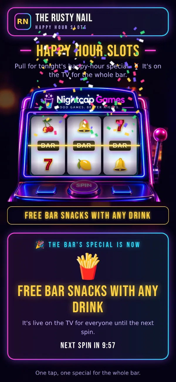 Happy Hour Slots on a phone: the same cabinet, with the special just won