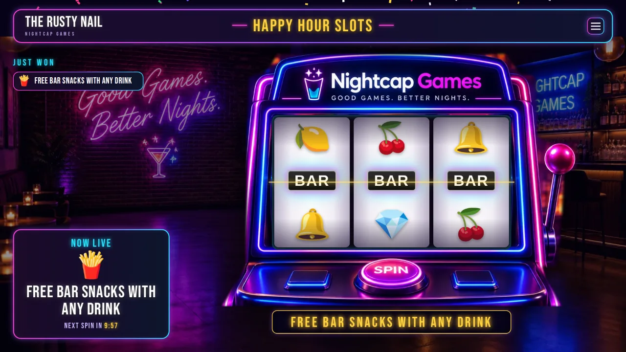 Happy Hour Slots on the bar TV: the neon slot cabinet with three matching symbols on the payline and the special named on the LED