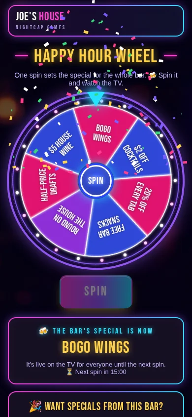 The Happy Hour Wheel on a phone after a spin, with the special and the countdown