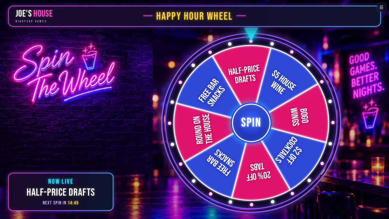 The Happy Hour Wheel on the bar TV, holding on the live special with a countdown to the next spin