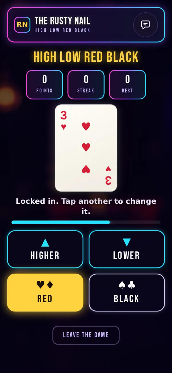 High Low Red Black on a phone: the card showing and the four calls, Higher, Lower, Red and Black