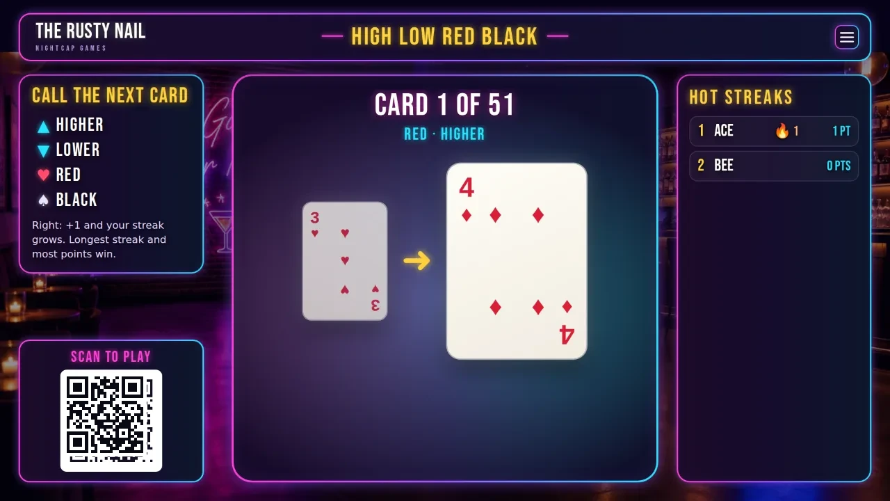 High Low Red Black on the bar TV, the next card to call