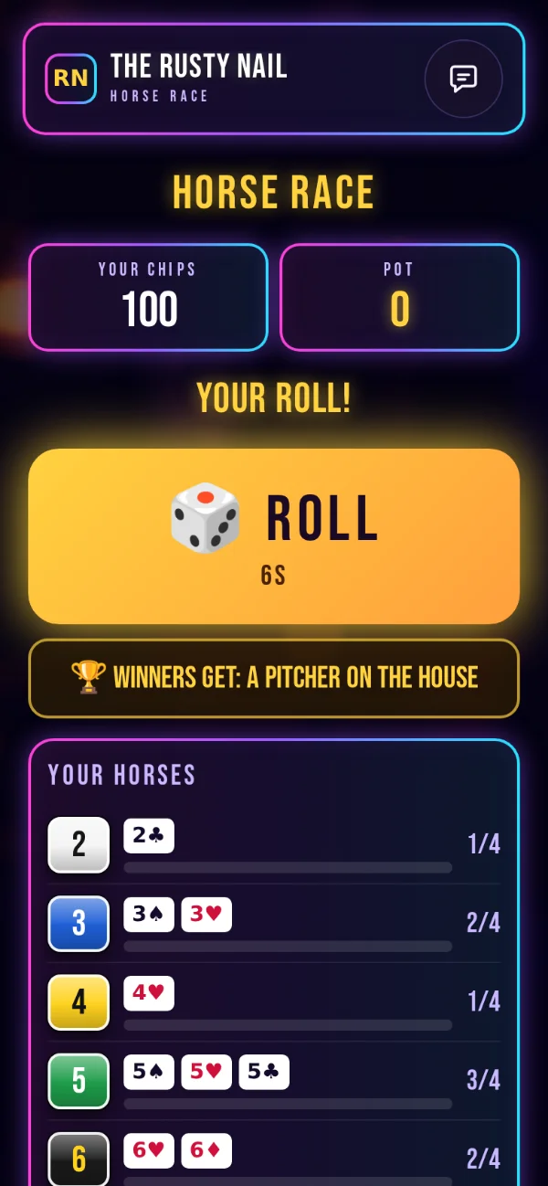 Horse Race on a phone: a big ROLL button for the player whose turn it is