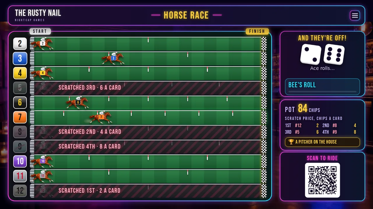 Horse Race on a bar TV: eleven horses on a green track, four scratched, the dice and the pot of chips