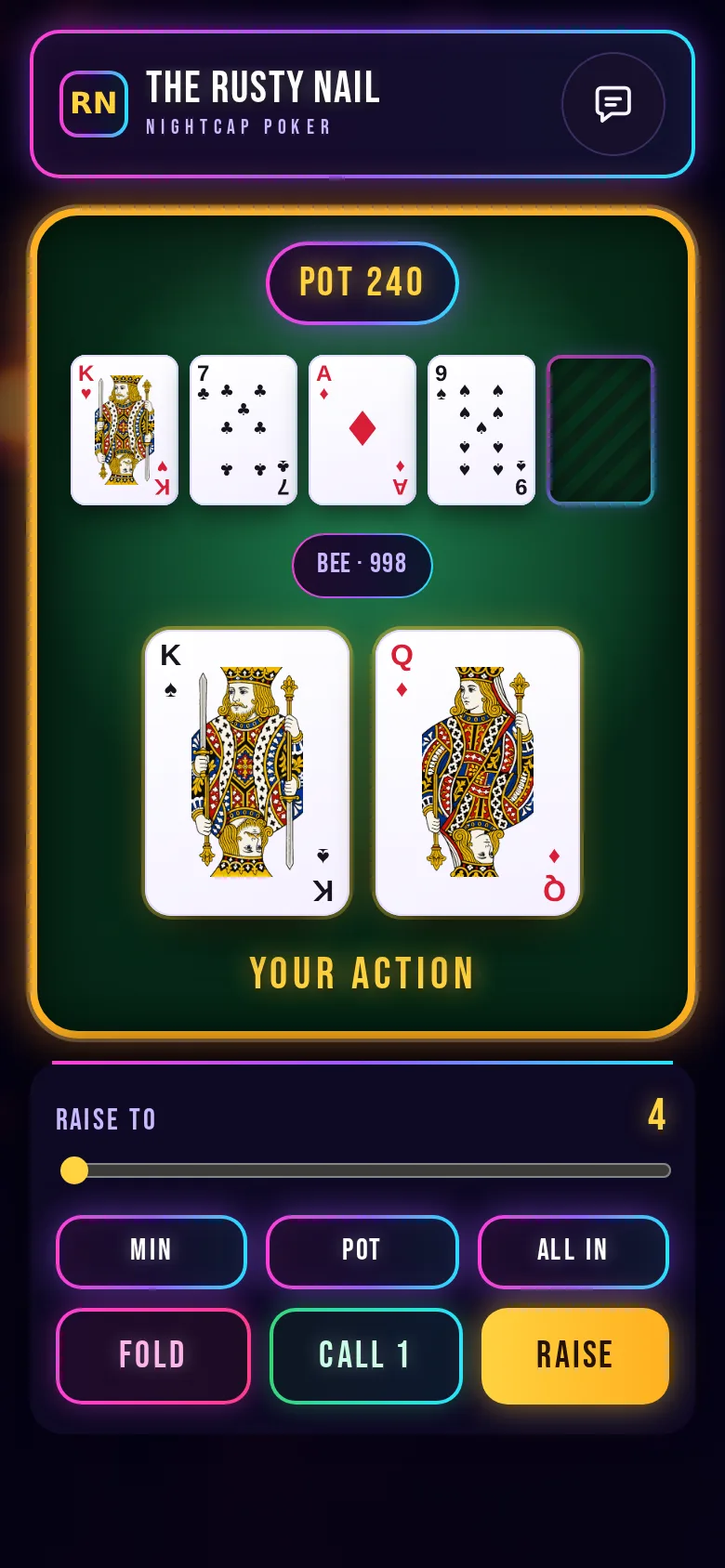 A poker hand on a phone: your two cards, the board and the Fold, Call and Raise buttons