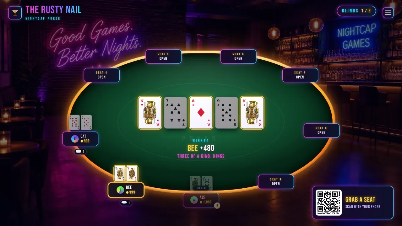 A play-money poker hand on the bar TV, with the board, the pot and the seats round the felt