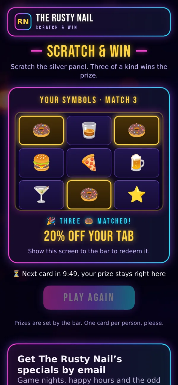 A Scratch & Win card on a phone, scratched and revealed, with the prize