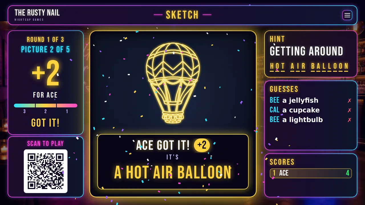 Sketch on a bar TV: Ace got it, plus 2 points. It's a hot air balloon