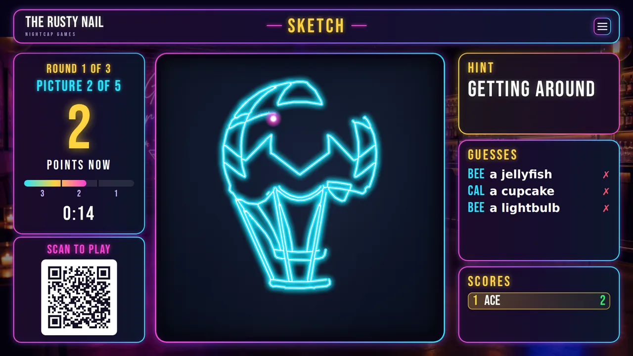 Sketch on a bar TV: a picture half drawn in neon, the hint Getting Around, wrong guesses like a jellyfish and a cupcake, and the scores