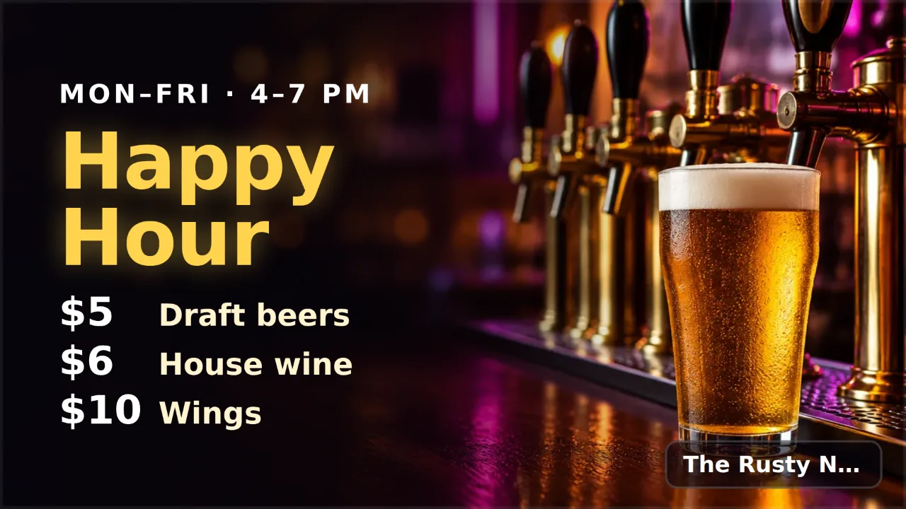 Specials TV on a bar TV: a Happy Hour poster, Monday to Friday 4 to 7 PM, with $5 draft beers, $6 house wine and $10 wings over a row of beer taps