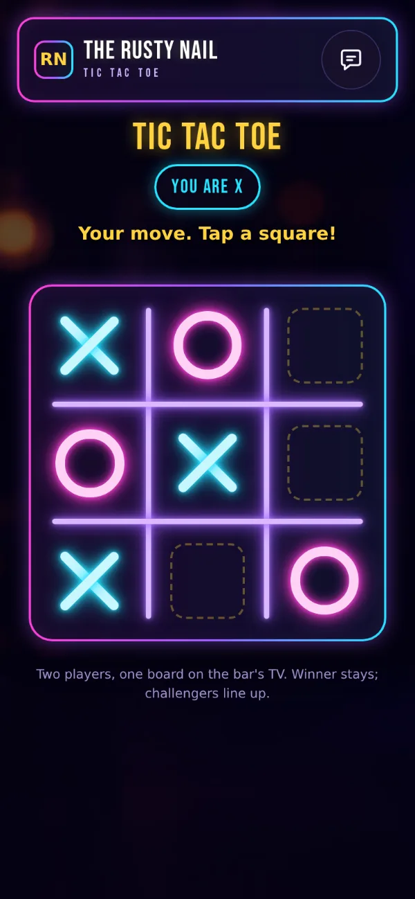Tic Tac Toe on a phone: the player's turn on the neon board