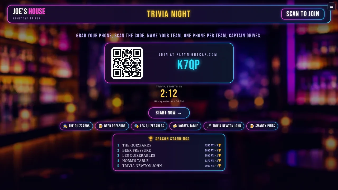 The trivia lobby on the bar TV with the join code and the season standings