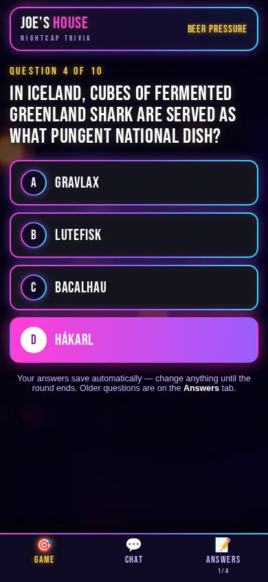 The trivia answer screen on a patron's phone